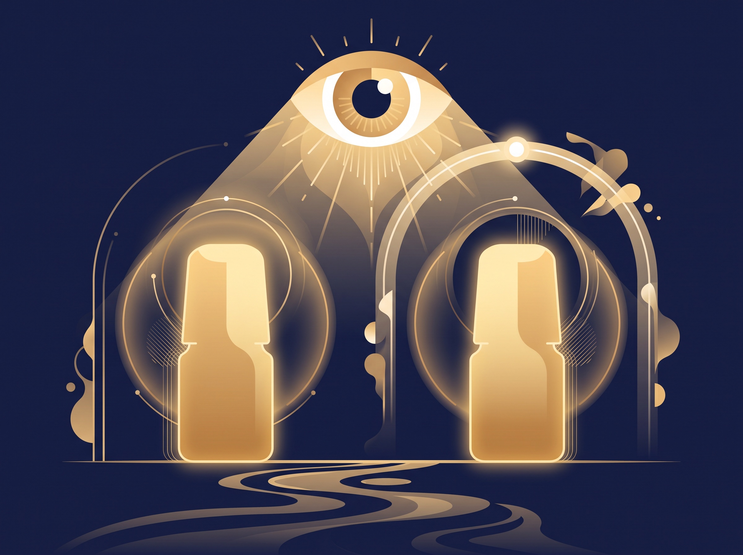 Two nearly identical gold product silhouettes under a large gold eye on navy, symbolizing the ordinary observer test for design patent infringement