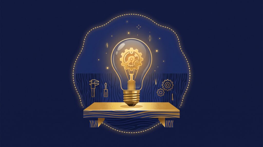 A gold lightbulb with a gear filament on a workbench inside a dotted protective outline, on navy, symbolizing a maker weighing whether to patent an invention