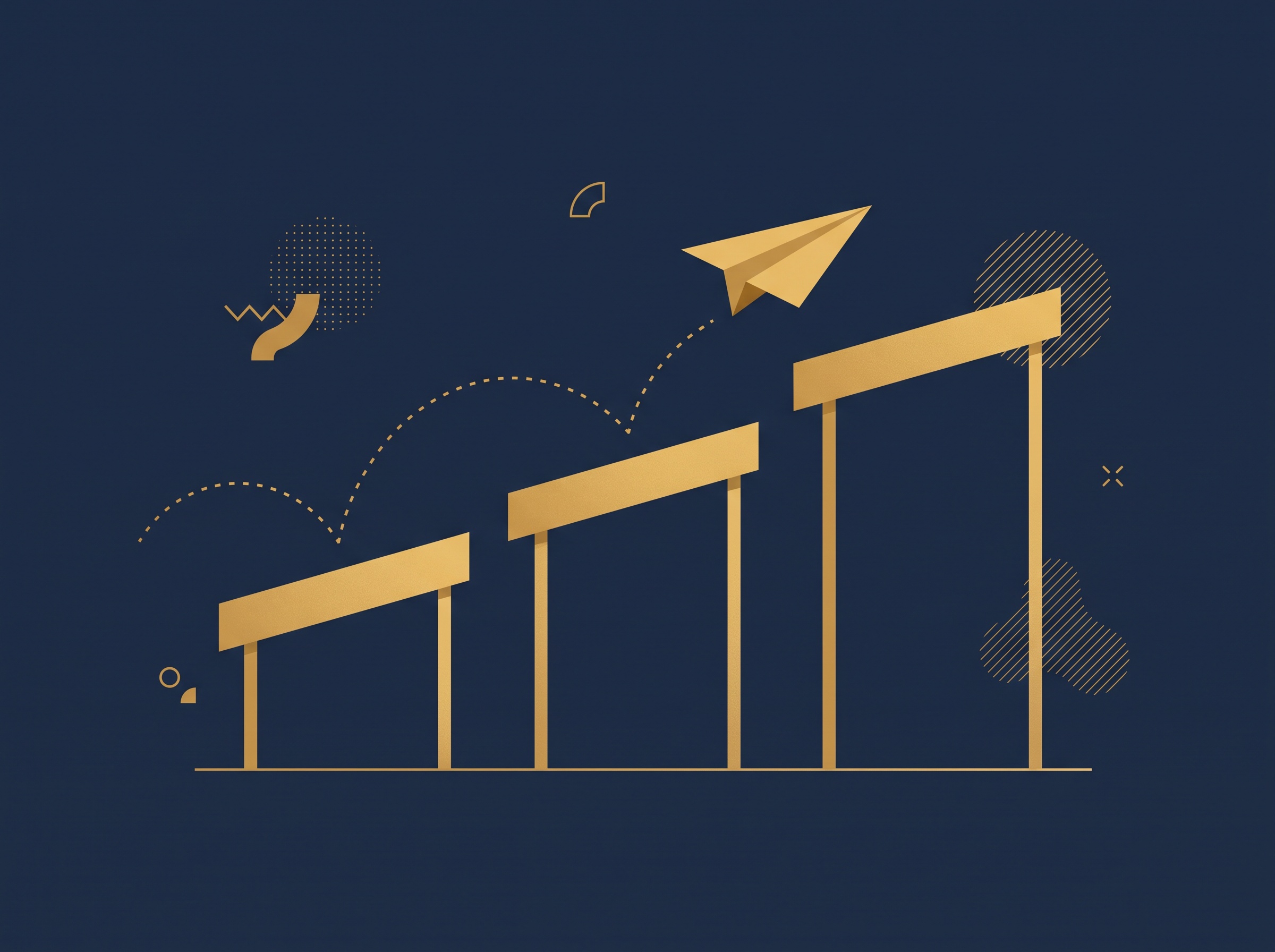 A gold paper airplane clearing three rising hurdles, on navy, symbolizing the novel, non-obvious, and useful tests an invention must pass to be patentable