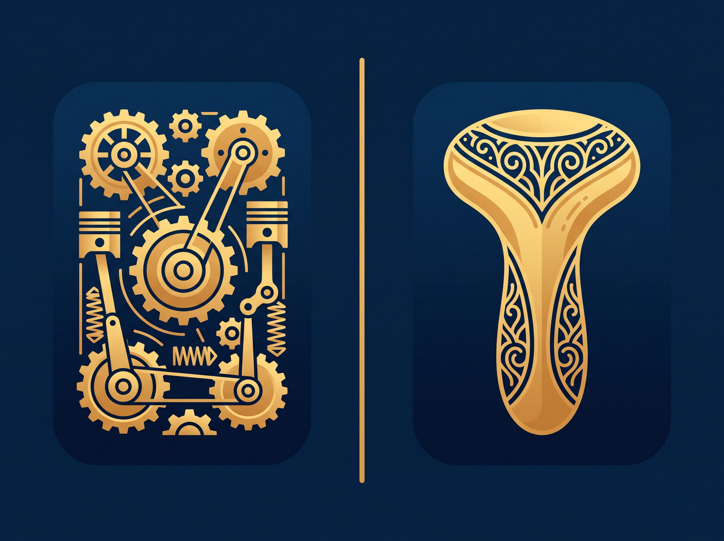 A gold gear mechanism beside a smooth patterned product silhouette split by a divider, on navy, symbolizing utility versus design patents