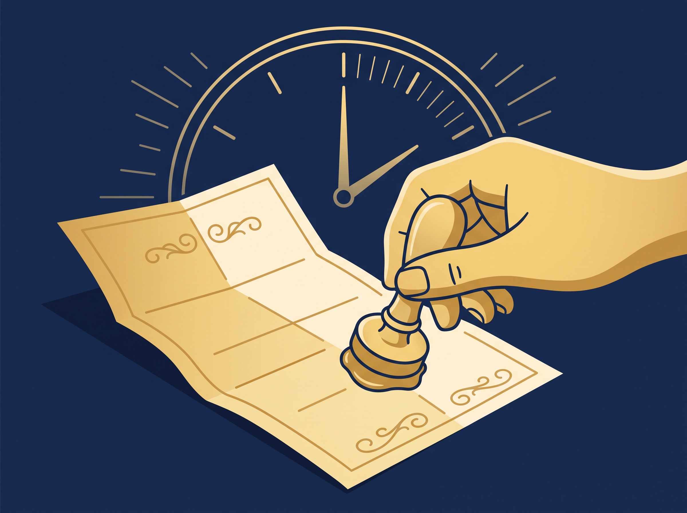 A gold hand stamping a seal on a document with a faint clock behind it, on navy, symbolizing filing a provisional patent to claim patent pending within a one-year window