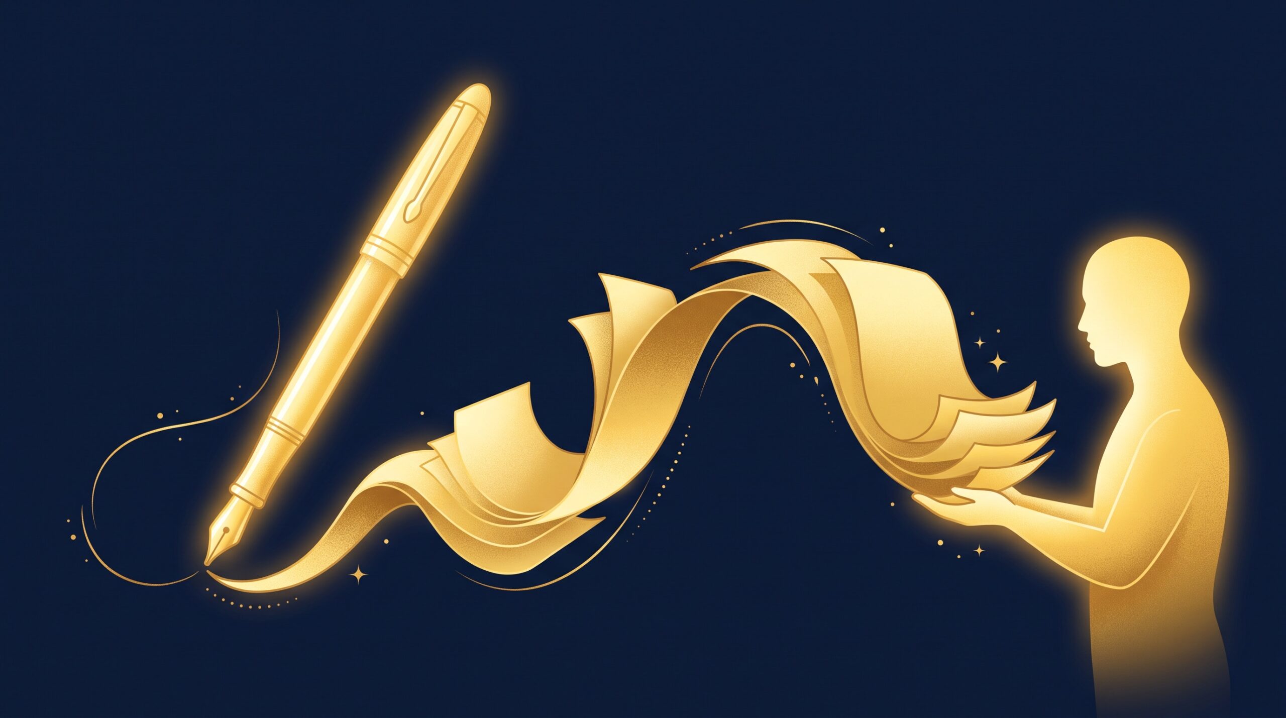 A gold fountain pen writing a ribbon of pages that arcs over to a second figure receiving them, on navy, symbolizing a ghostwriter handing finished words to a client