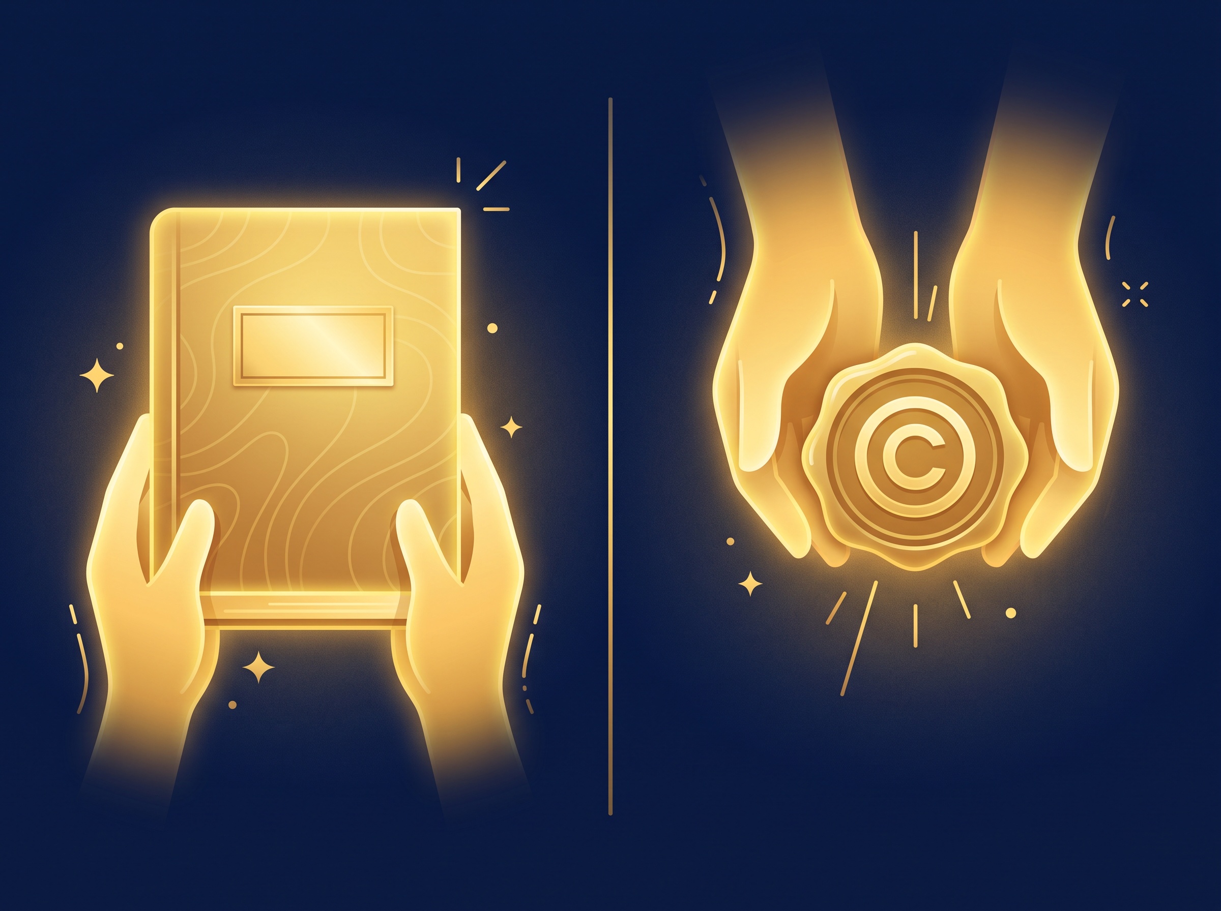 A gold book with a nameplate held by one pair of hands and a gold copyright seal held by another, divided down the center, on navy, symbolizing byline versus copyright ownership