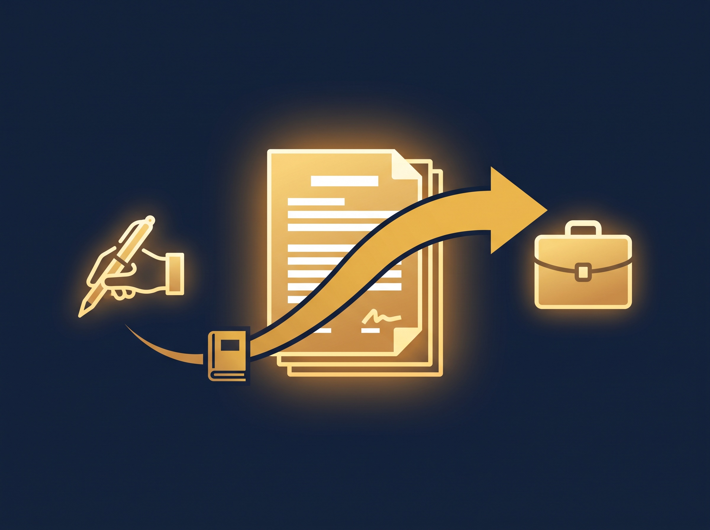 A gold contract with an arrow carrying a book icon from a pen symbol to a briefcase symbol, on navy, symbolizing a signed assignment transferring manuscript ownership to the client