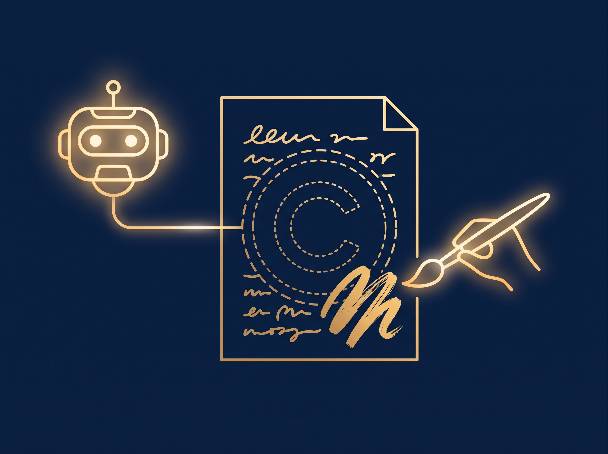 A gold robot icon linked to a manuscript showing a broken copyright emblem, with a human hand adding edits, on navy, symbolizing the copyright gap around AI-generated draft text