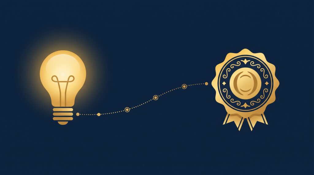 A gold lightbulb linked by a dotted milestone path to a certificate seal, on navy, symbolizing the journey from idea to granted patent