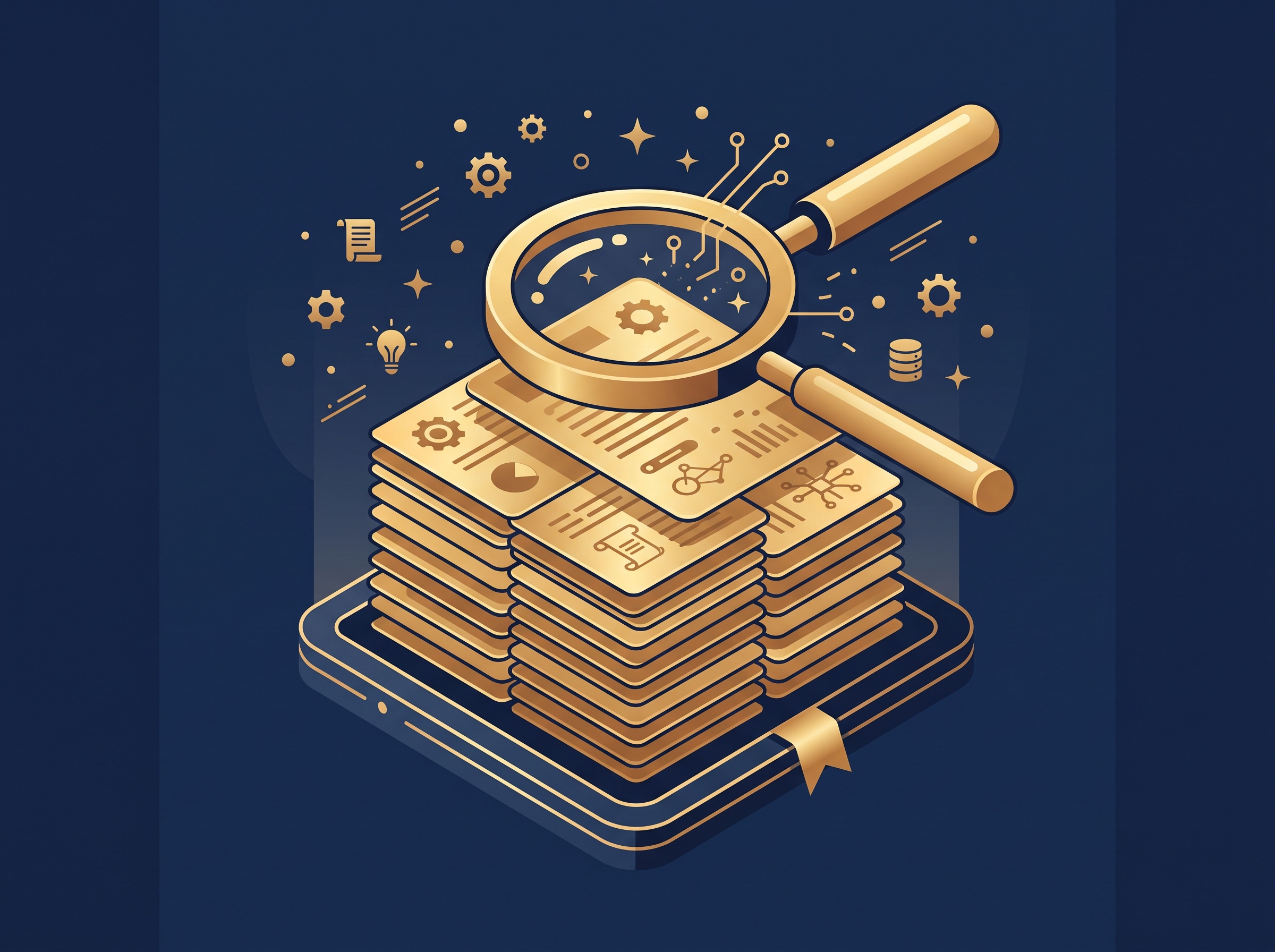 A gold magnifying glass over a stack of document cards, on navy, symbolizing a prior-art search of existing patents