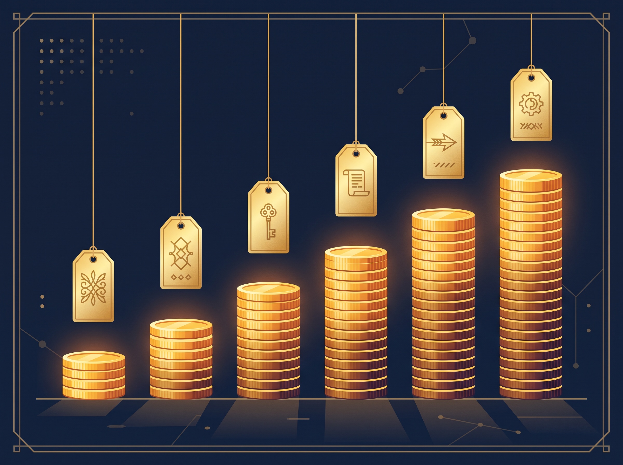 A staircase of gold coin stacks of increasing height under small tags, on navy, symbolizing the separate fees that accumulate across the patent process