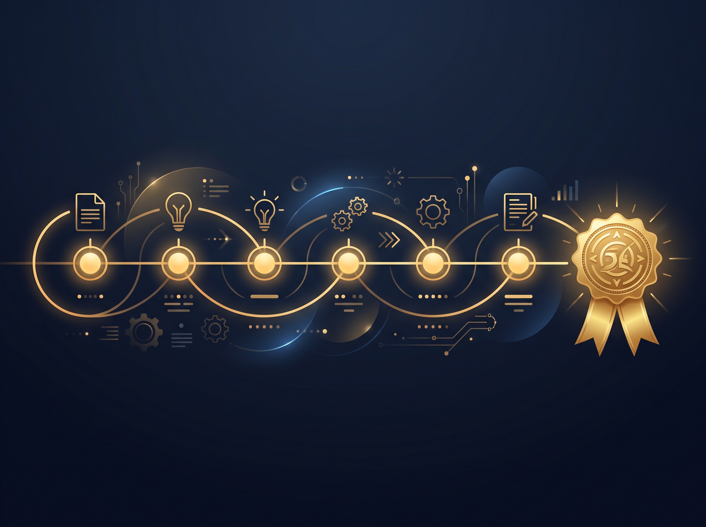 A gold timeline arc with milestone nodes ending in an award medal, on navy, symbolizing the multi-year path from filing to a granted patent