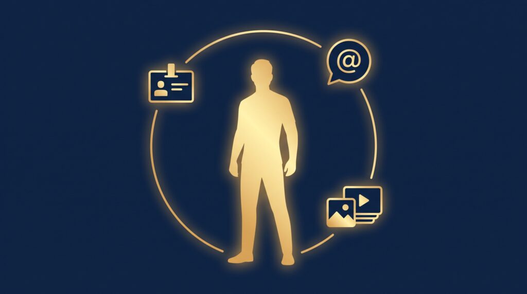A gold creator silhouette with name, at-symbol, and content icons inside a protective shield on navy, symbolizing owning your name, handle, and content