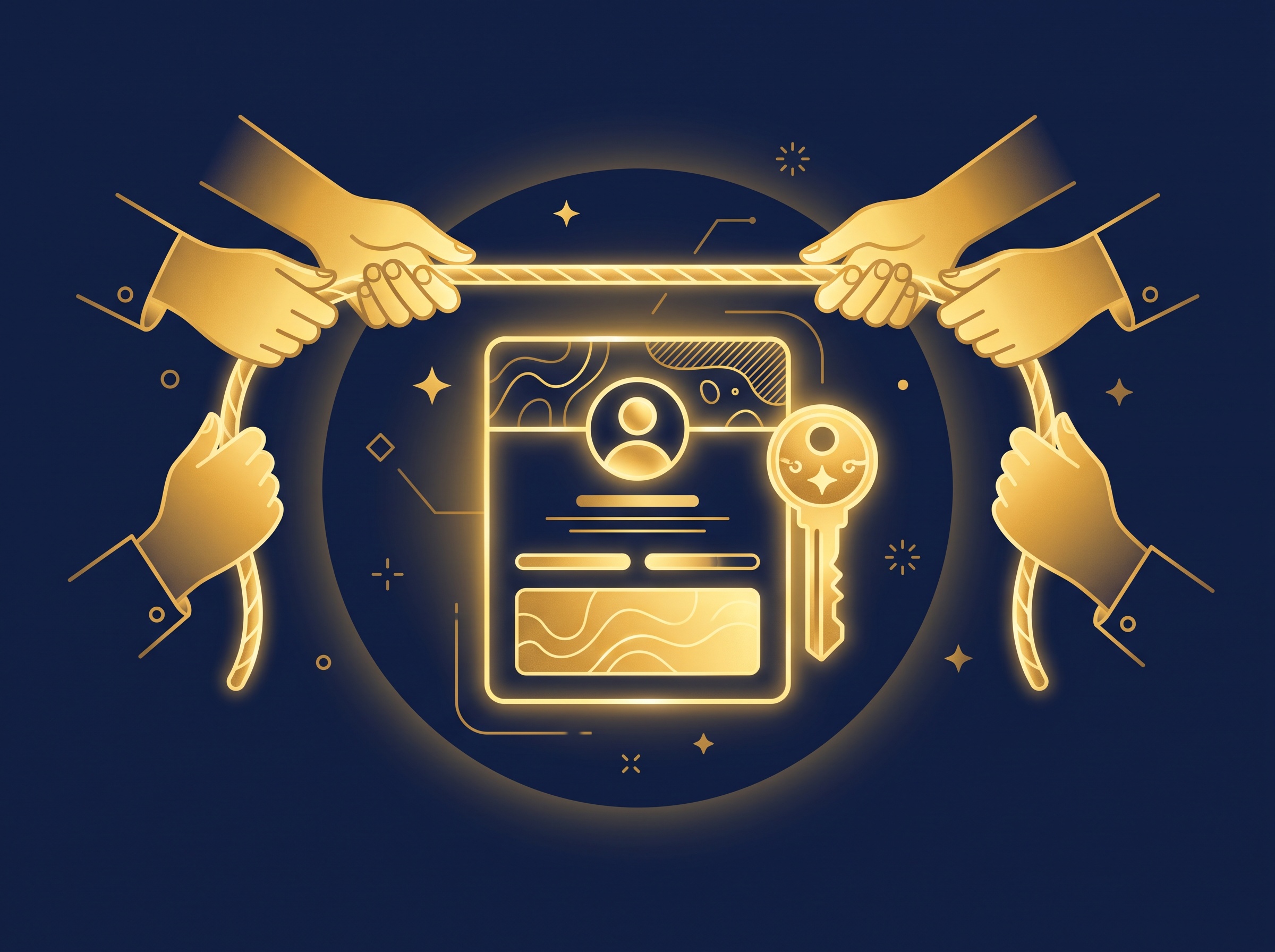 A gold social profile card with a key, pulled from both sides in a tug-of-war on navy, symbolizing a dispute over who controls an influencer's account