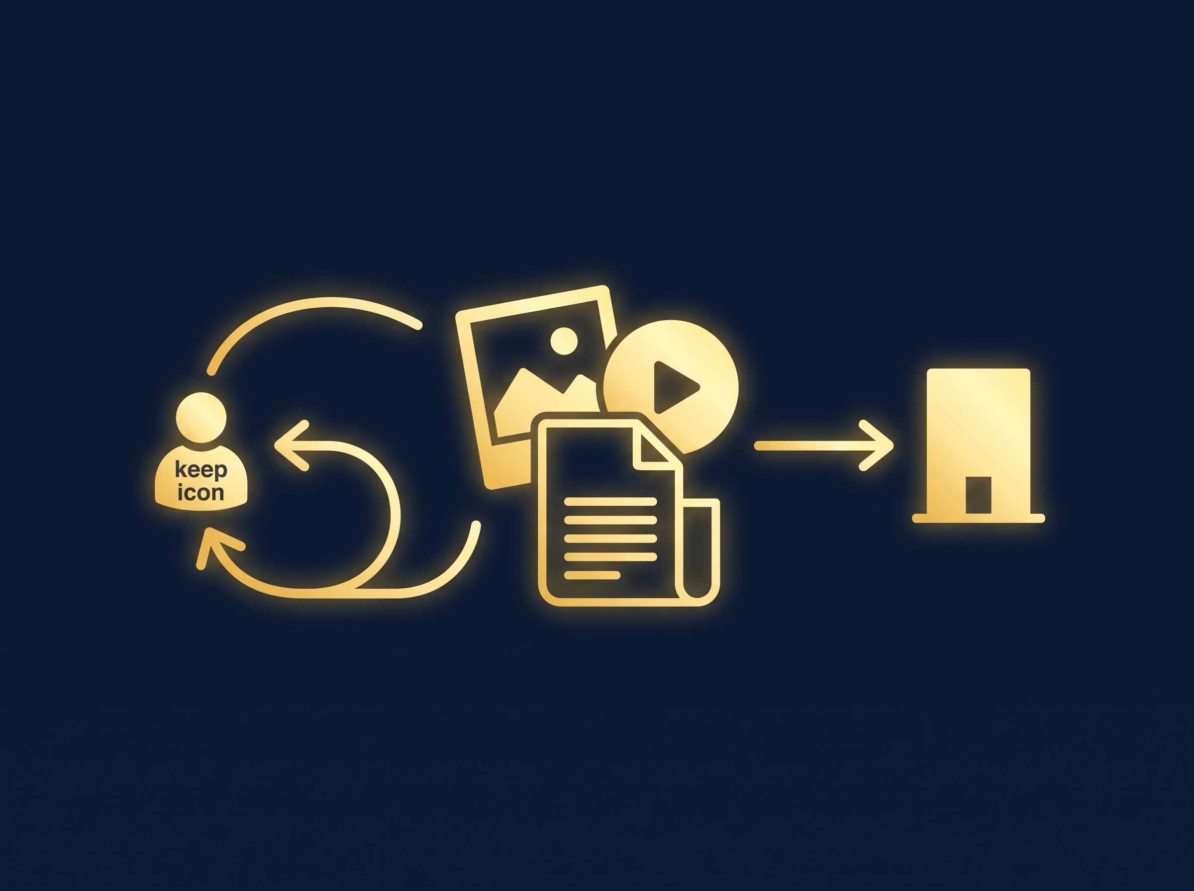 A gold content stack with one arrow returning to a creator and one leaving to a company on navy, symbolizing licensing versus assigning content ownership