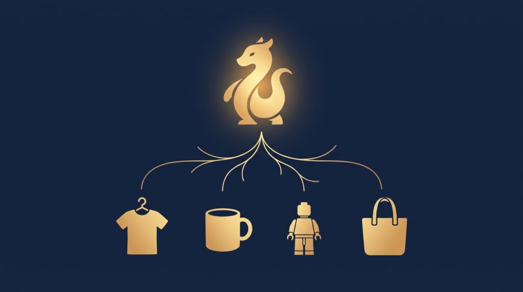 A gold character emblem connected by gold lines to icons of a T-shirt, mug, toy, and tote bag on navy, symbolizing one character turned into many products