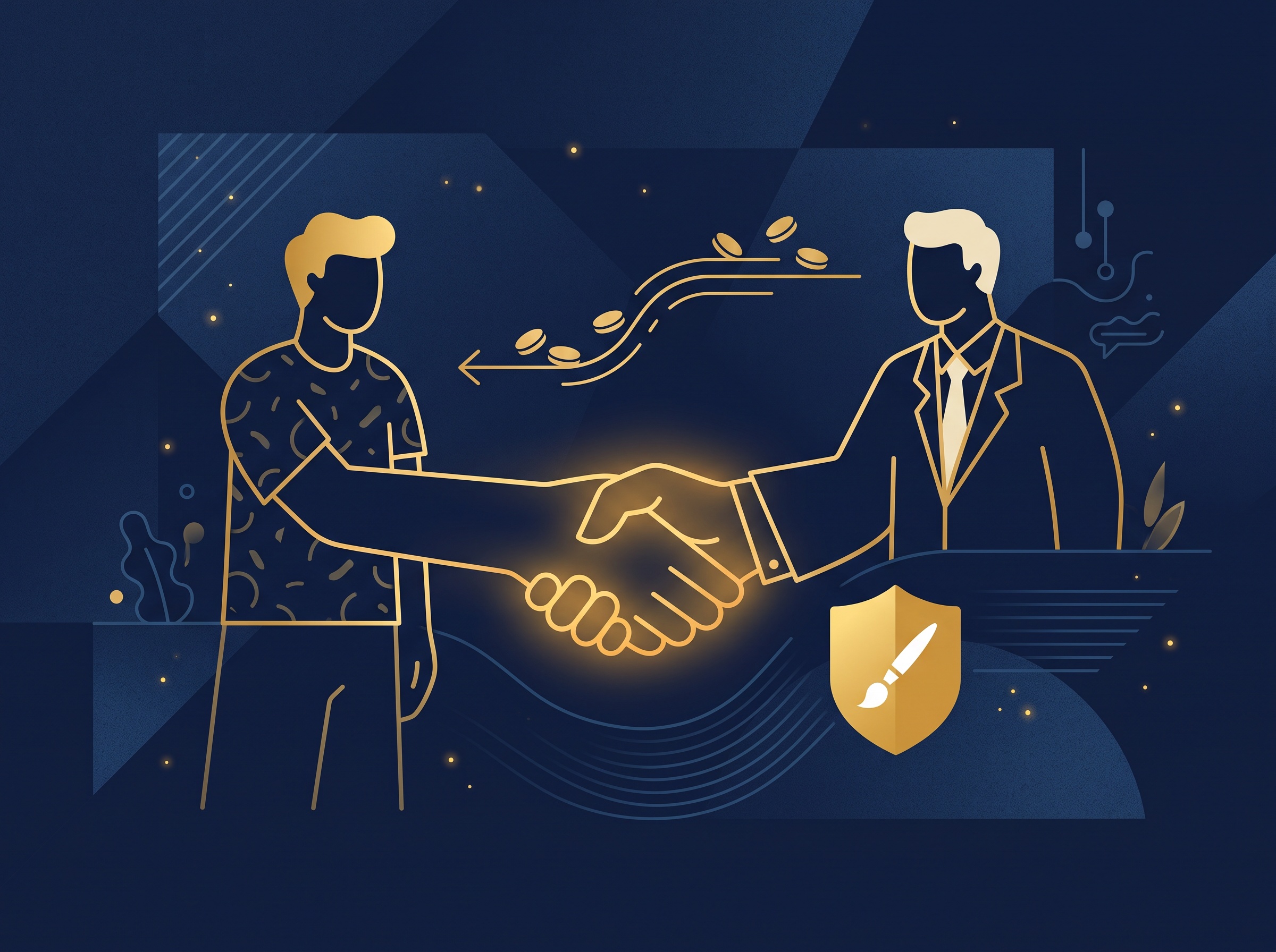 Two gold hands shaking with a stream of gold coins flowing above and a gold shield with a brushstroke icon on navy, symbolizing a creator earning royalties from licensing their art