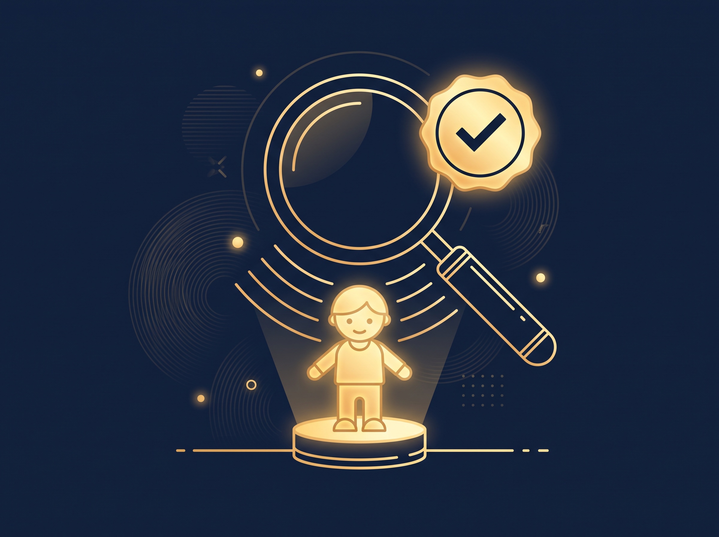 A gold toy figure under a magnifying glass beside a gold checkmark seal on navy, symbolizing a creator approving a product sample before it ships