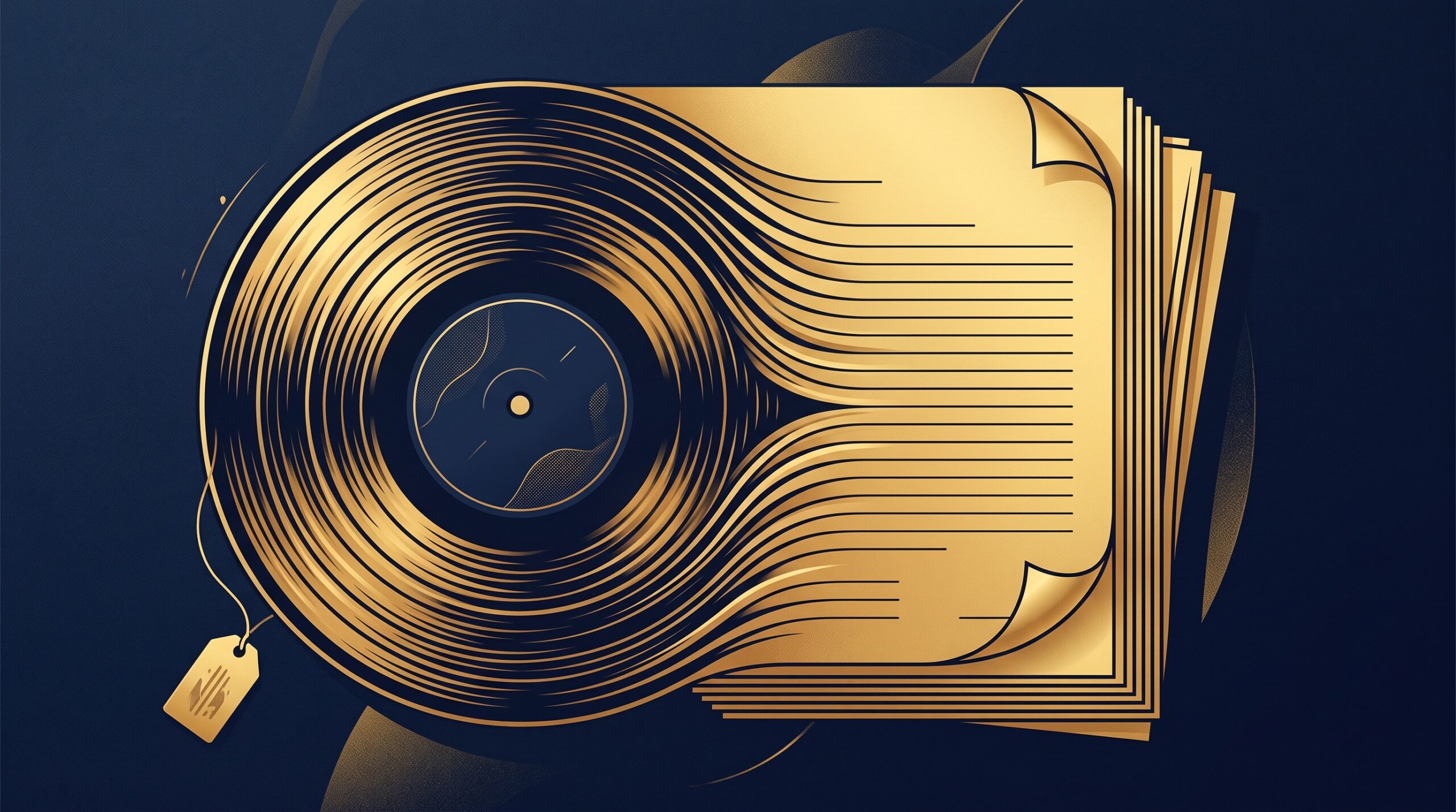 A gold vinyl record whose grooves become lines on a stack of deeds with a price tag, on navy, symbolizing selling a music catalog