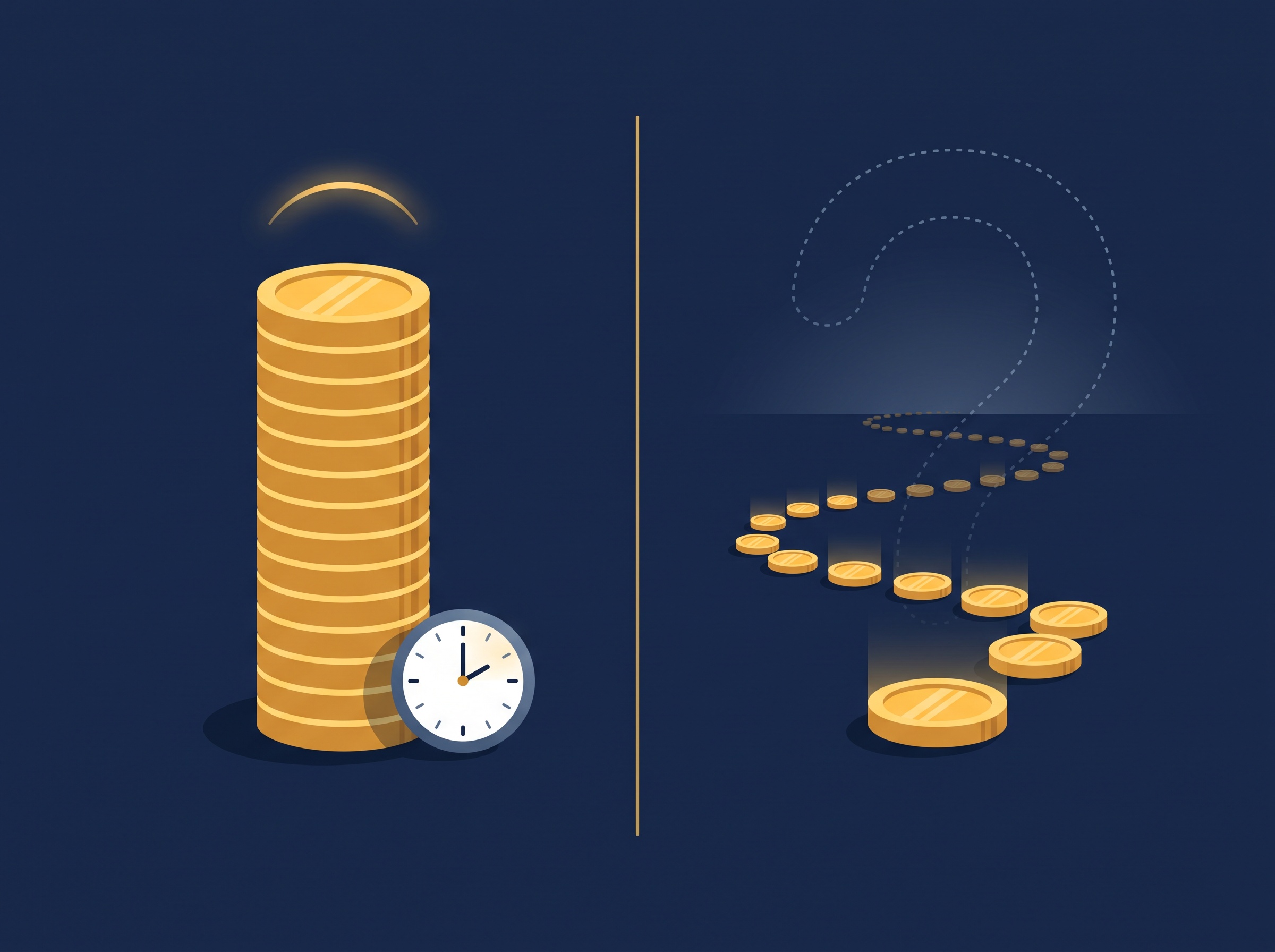 A solid stack of gold coins on one side and a long fading trail of coins on the other, on navy, symbolizing a lump sum now versus uncertain future royalties