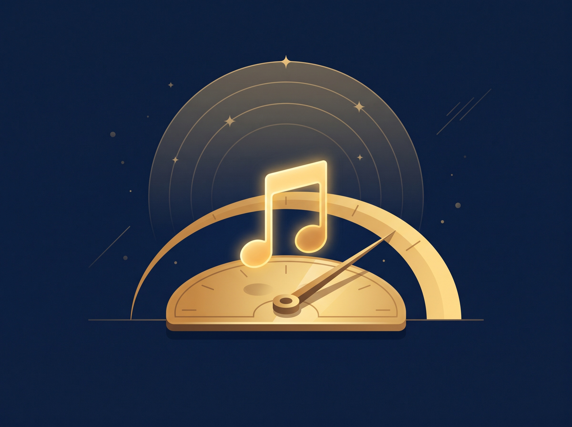 A gold musical note on an upward-sweeping gauge with a multiplier arc, on navy, symbolizing valuing a catalog as a multiple of annual earnings