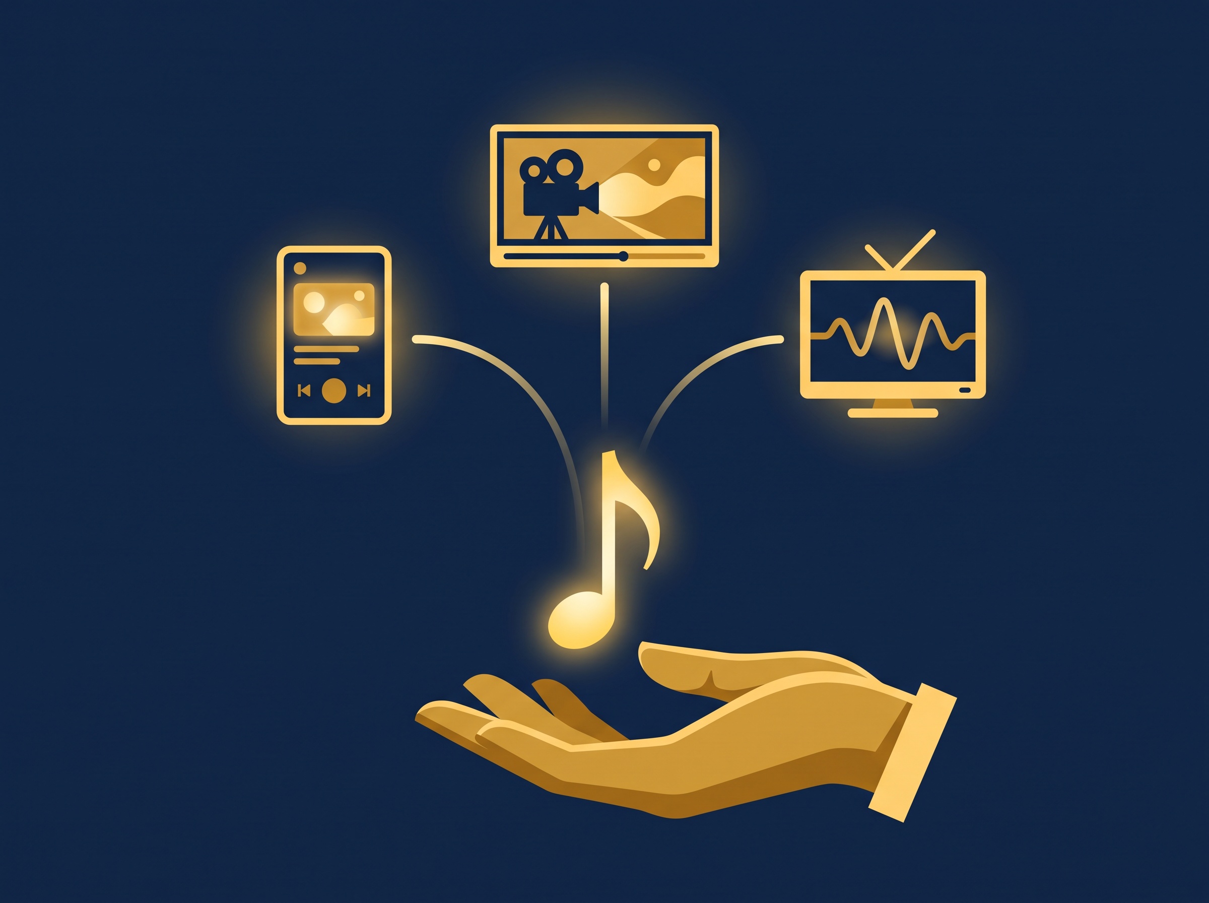 An open gold hand releasing a musical note that drifts toward three screen icons, on navy, symbolizing losing control over where songs get licensed