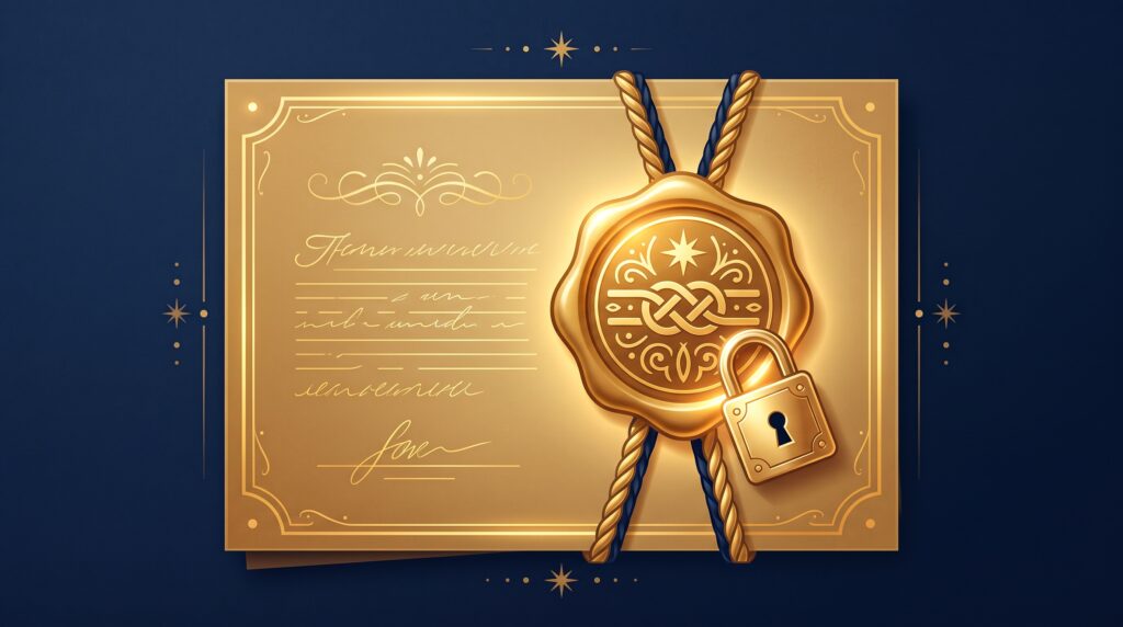 A gold document with a glowing wax seal and padlock on navy, symbolizing a confidentiality agreement that holds up