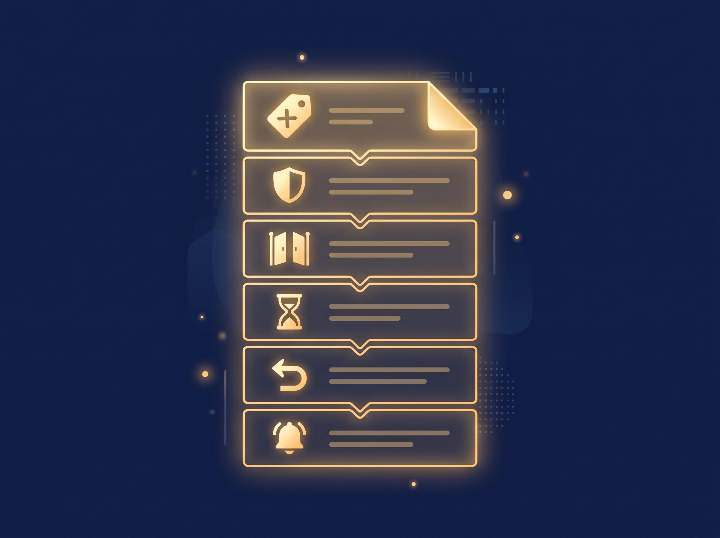 A gold document broken into distinct clause blocks with icons for definition, protection, exceptions, duration, return and remedies on navy, symbolizing the anatomy of a strong NDA
