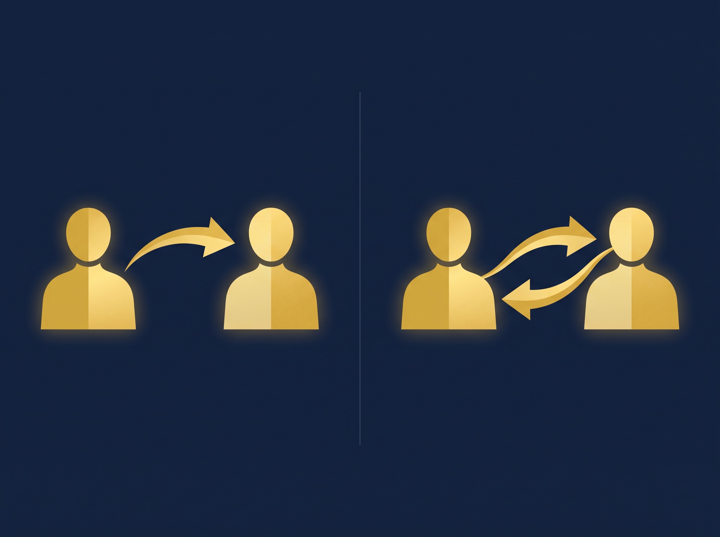 Two gold figures with a one-direction arrow beside the same figures with two-way arrows on navy, symbolizing one-way versus mutual NDAs