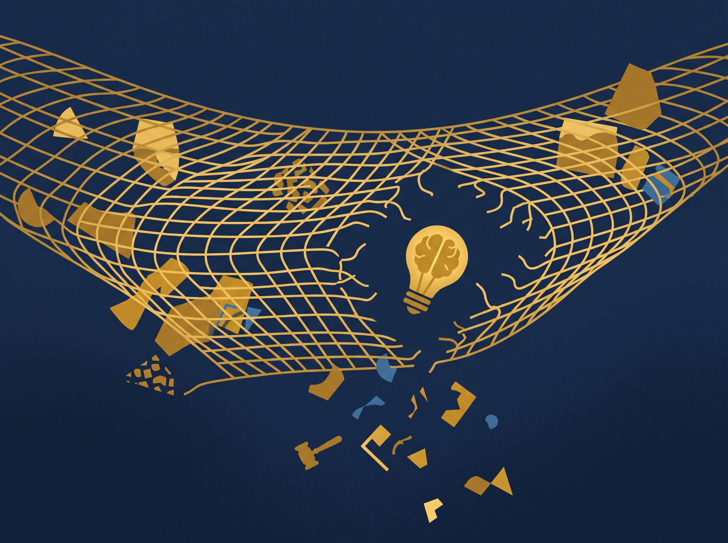 An oversized gold net cast too wide and tearing while a gold idea slips through on navy, symbolizing an overbroad NDA that fails to protect anything