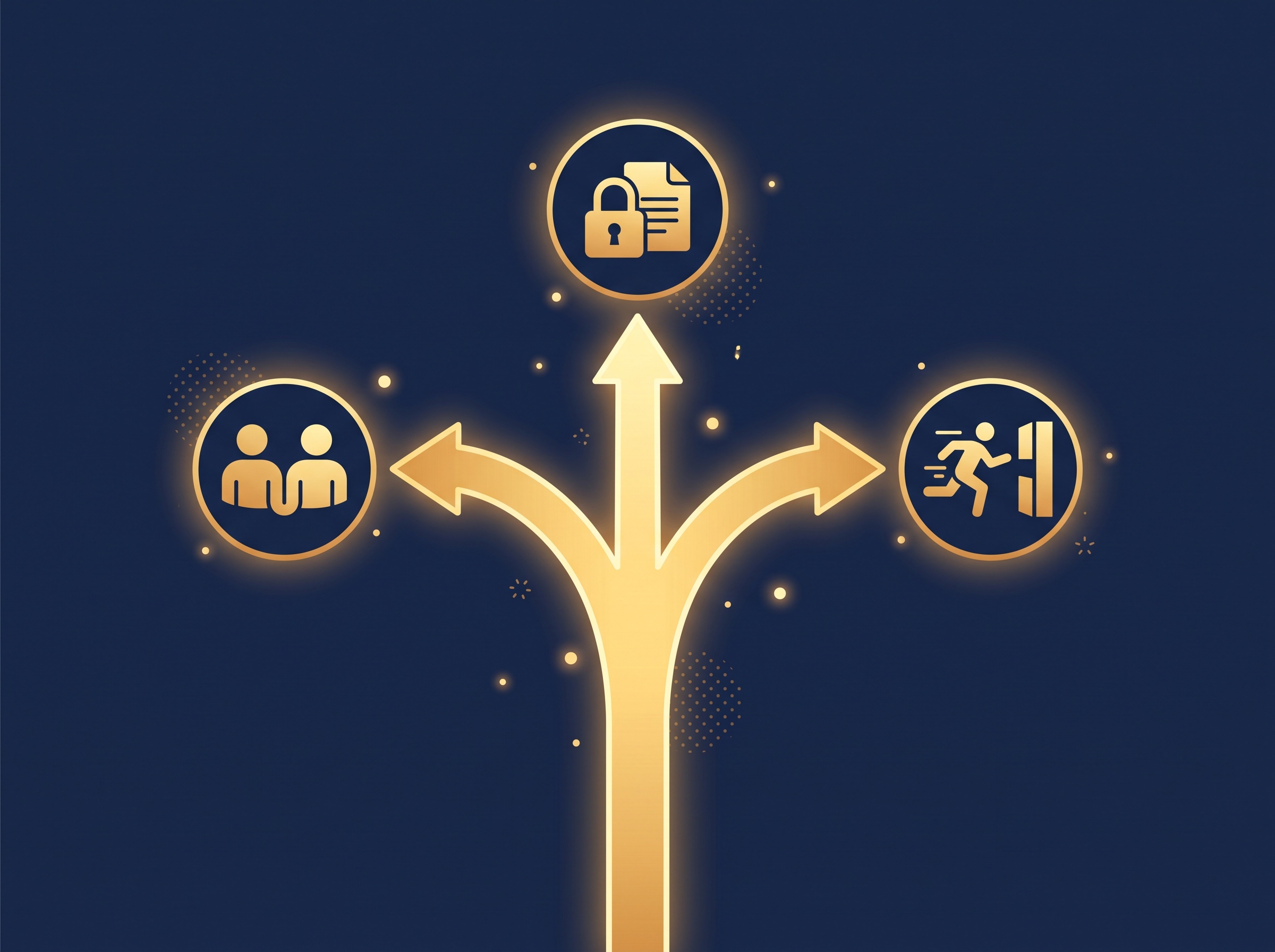A gold path forking three ways to icons of a lock, two linked figures, and a blocked runner on navy, symbolizing the choice based on what you are protecting