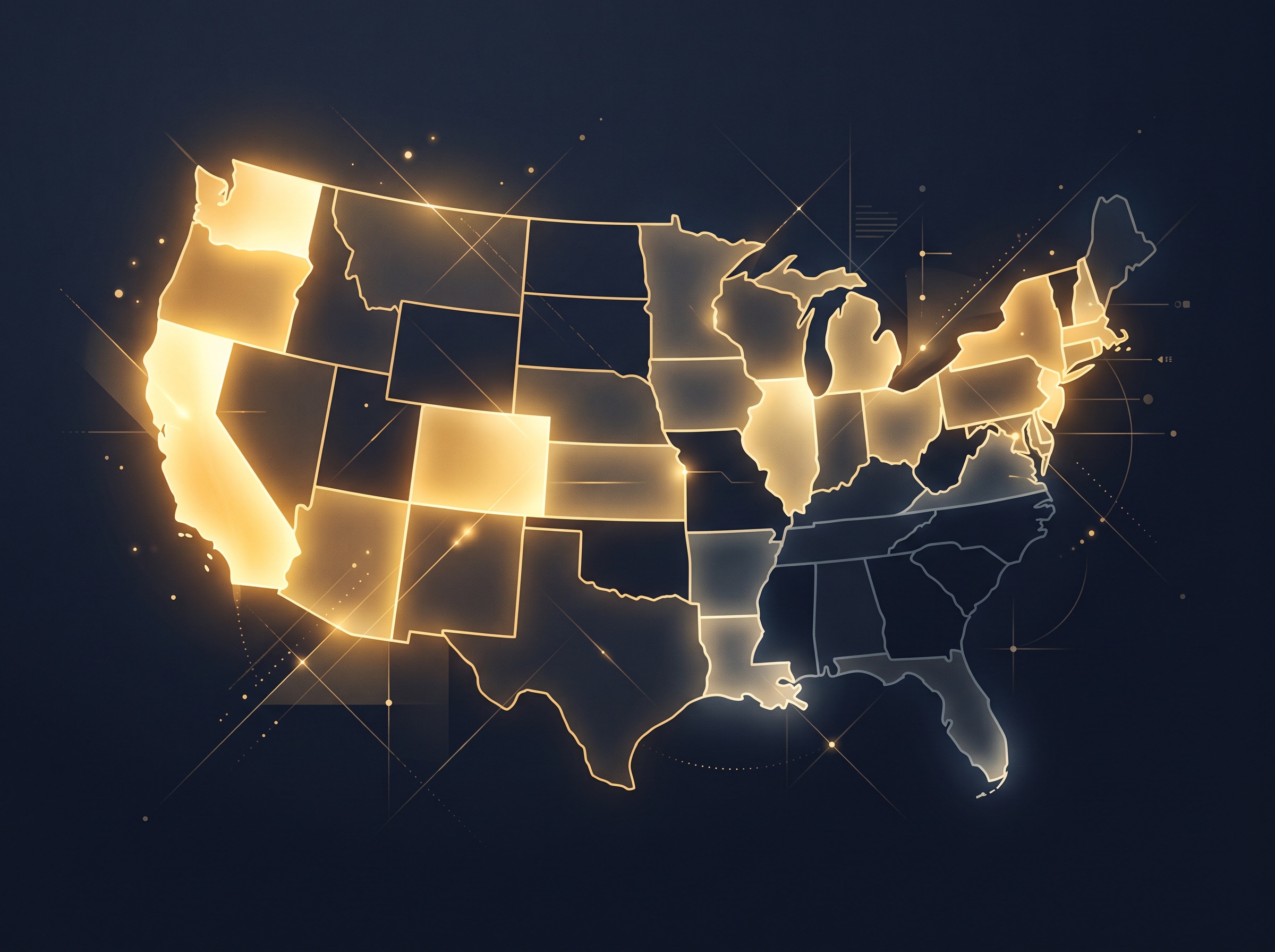 A gold outline map of the United States with regions glowing at different brightness levels on navy, symbolizing state-by-state variation in non-compete enforceability