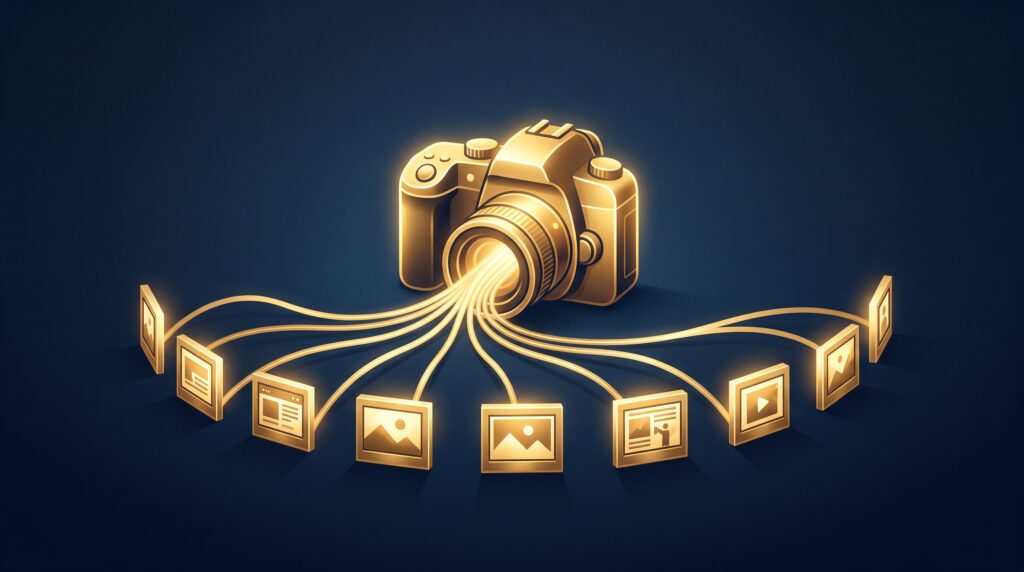 A gold camera sending ribbons of light to a row of lit photo frames, on navy, symbolizing one image licensed to many different uses