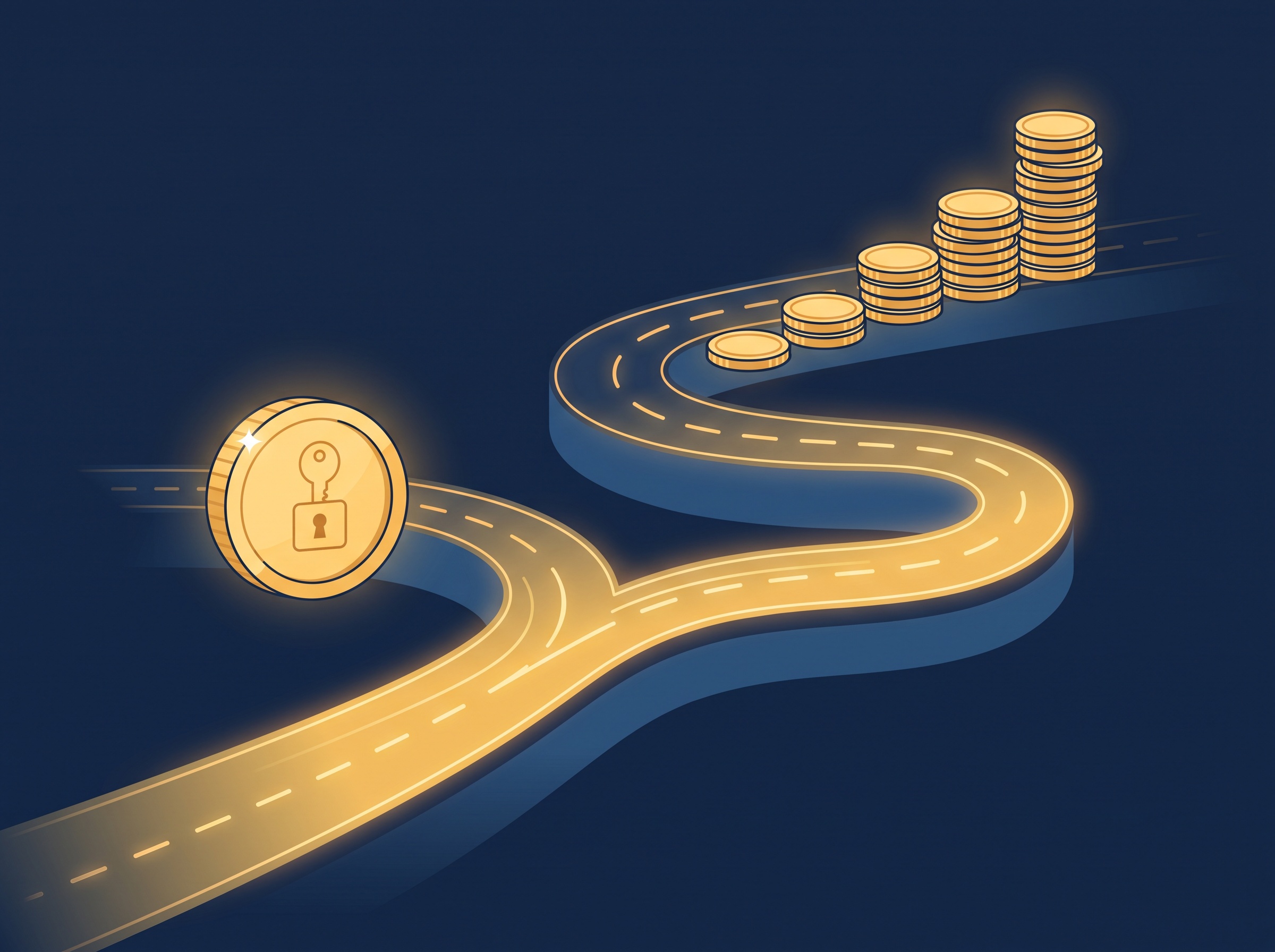 A forked gold road, one path to a single big coin, the other to many rising coins over time, on navy, symbolizing buyout versus ongoing licensing