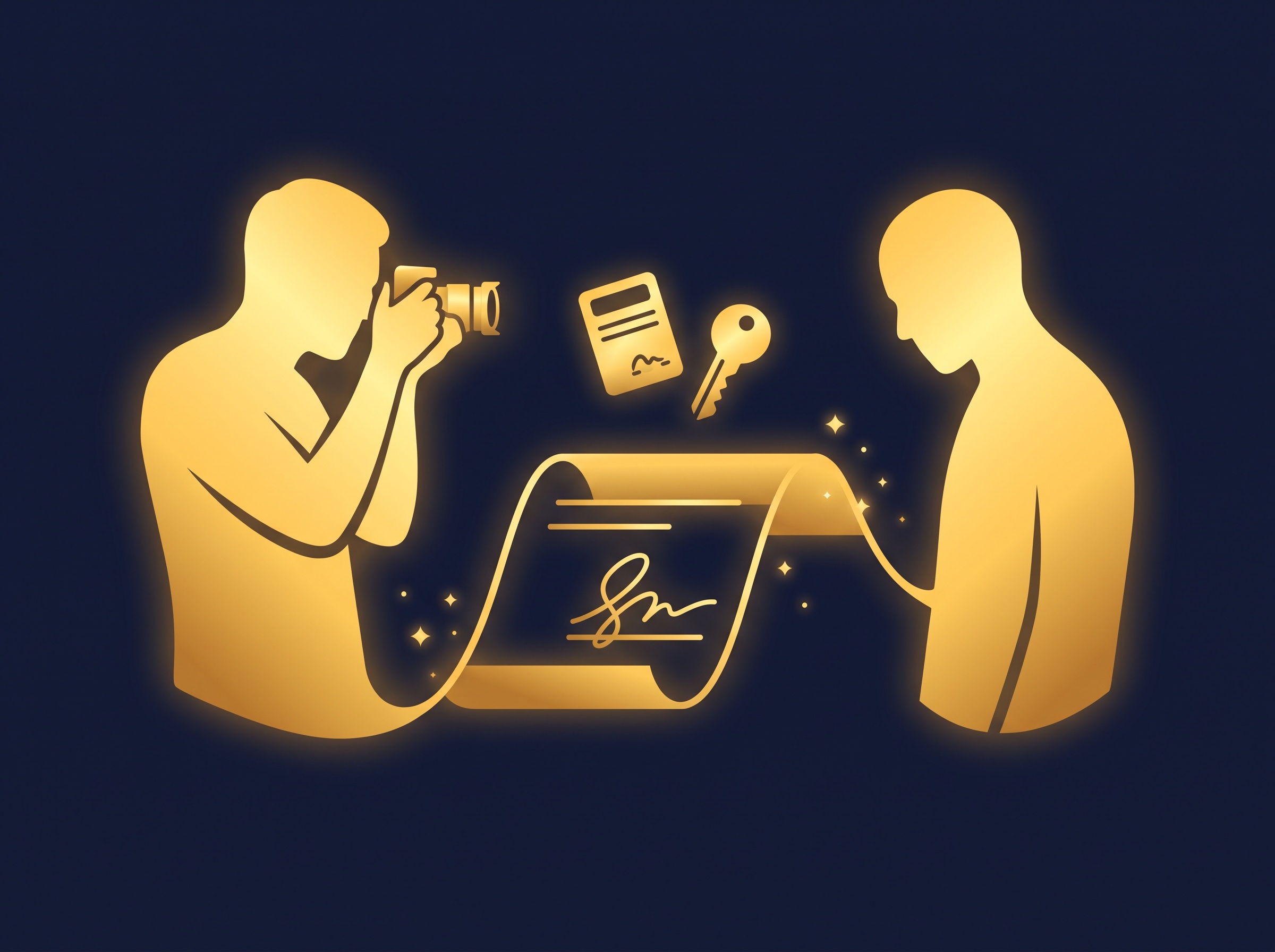 A gold photographer and client with a signed document between them plus a release card and a key icon, on navy, symbolizing a photo contract with model and property releases