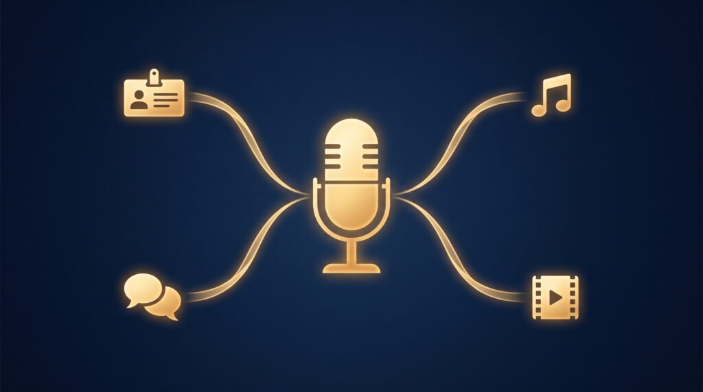A gold podcast microphone connected by light ribbons to a nameplate, a musical note, a film clip, and speech bubbles, on navy, symbolizing the different IP inside a podcast