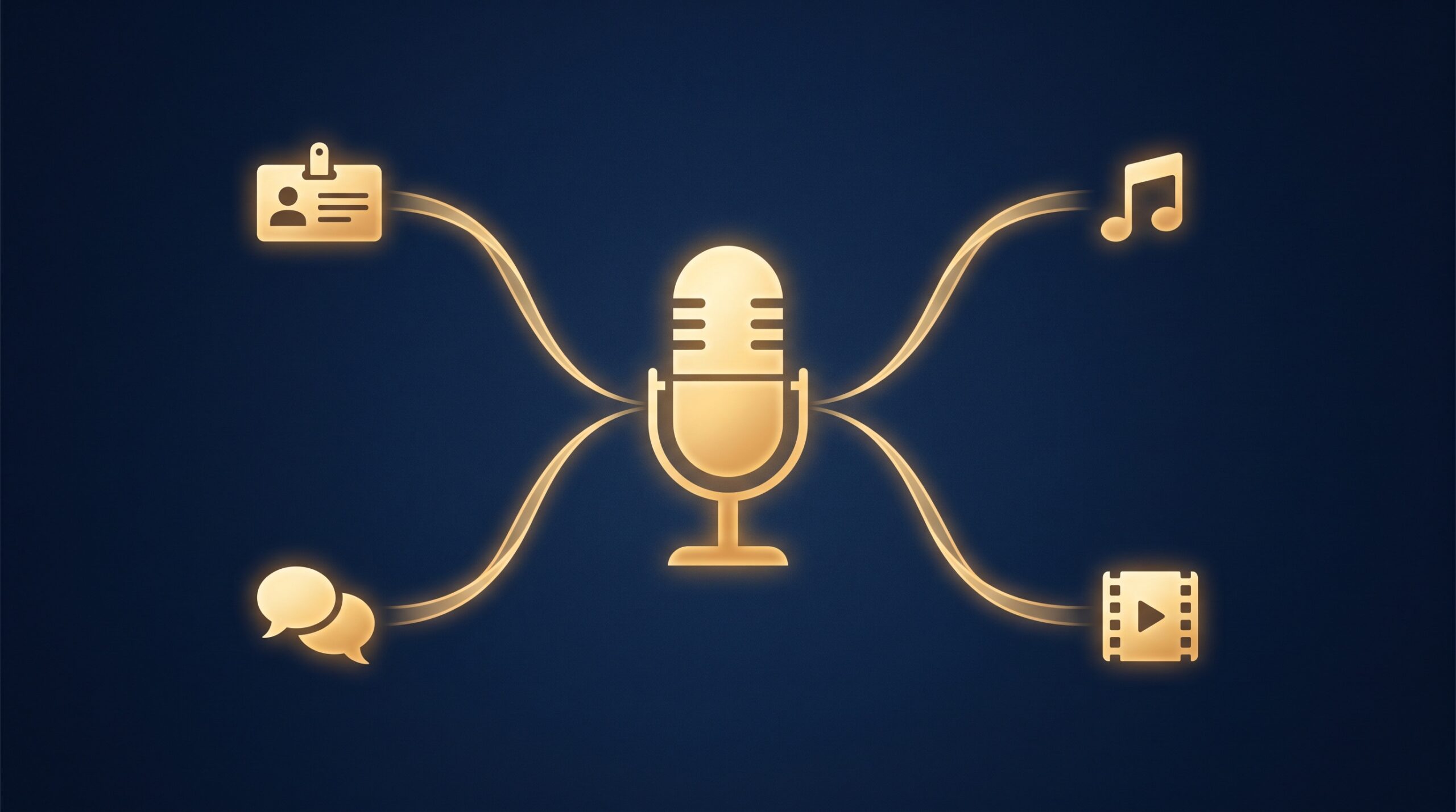 A gold podcast microphone connected by light ribbons to a nameplate, a musical note, a film clip, and speech bubbles, on navy, symbolizing the different IP inside a podcast