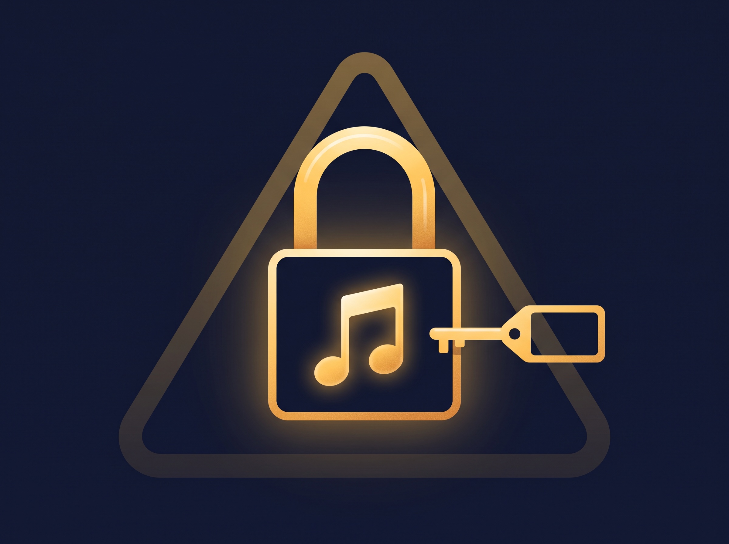 A gold musical note locked in a padlock with a license-tag key beside it and a faint warning triangle, on navy, symbolizing that podcast music needs a license