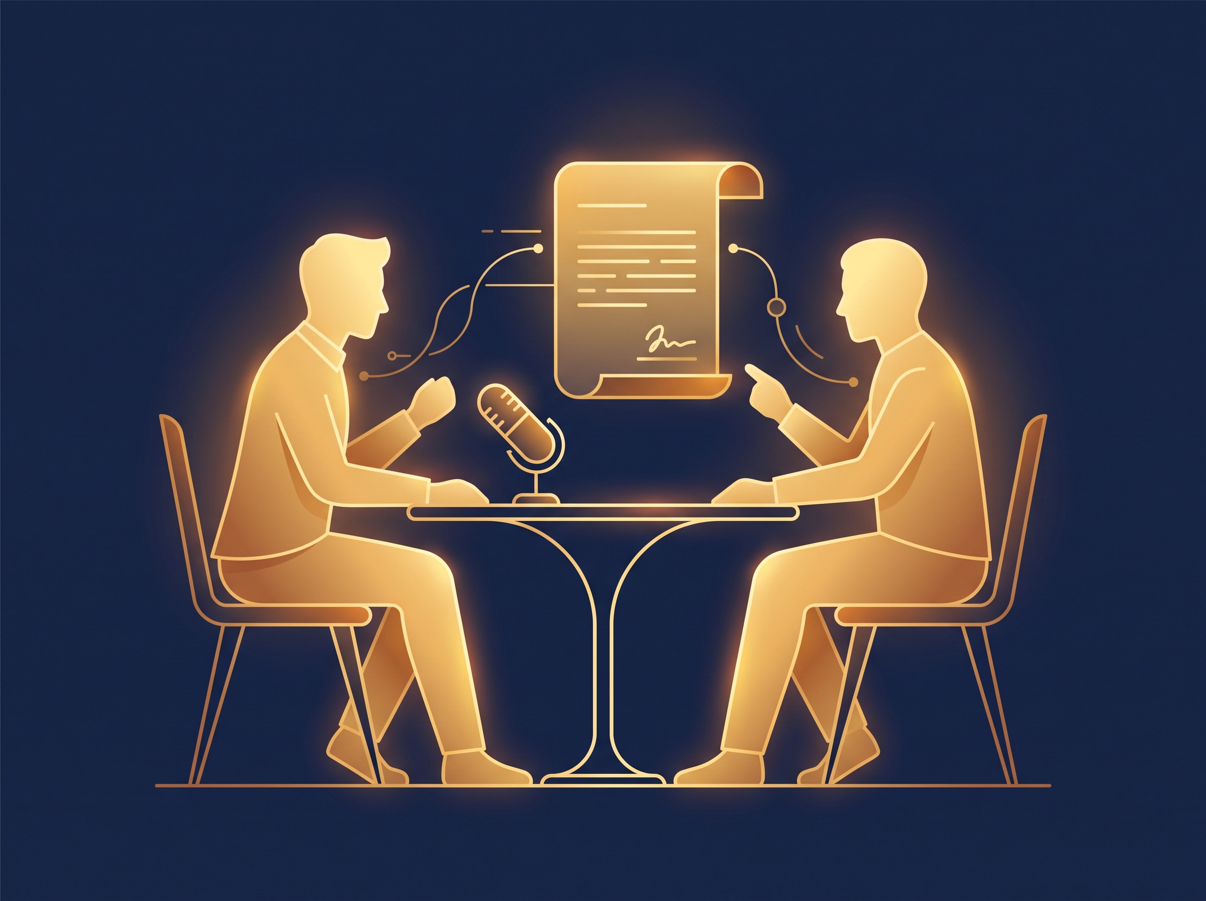 Two gold figures at a table with a microphone and a signed document rising between them, on navy, symbolizing a host and guest agreeing on recording rights in writing