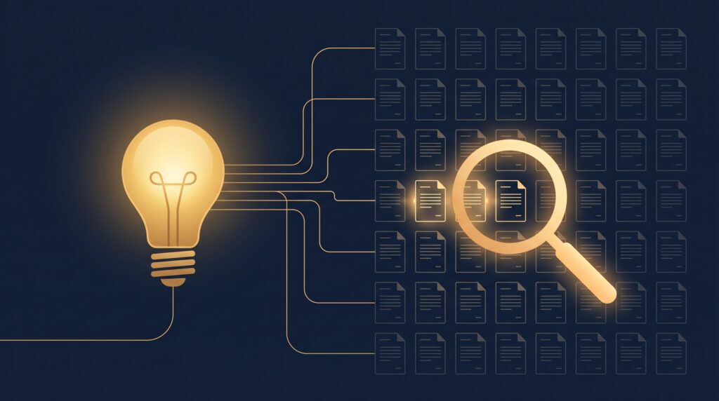 A gold lightbulb linked to a grid of document cards under a gold magnifying glass on navy, symbolizing searching existing patents for a matching idea