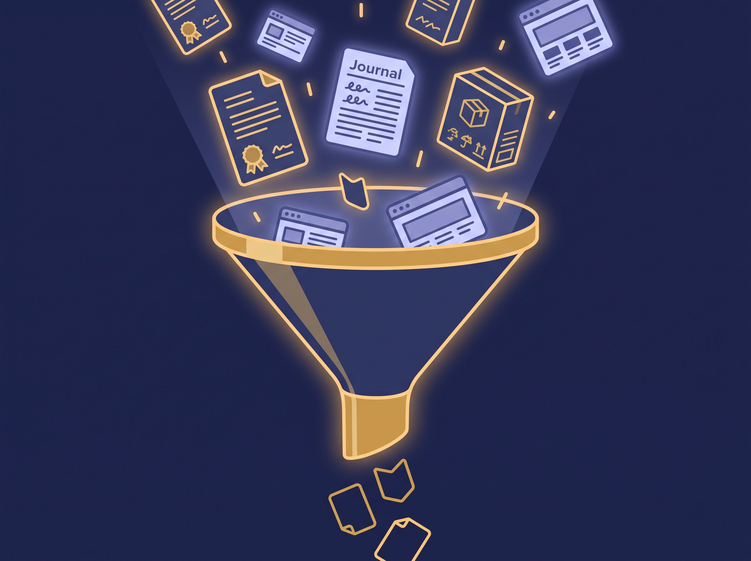 A gold funnel pulling in patents, a journal page, a product box and a web window on navy, symbolizing that prior art includes more than patents