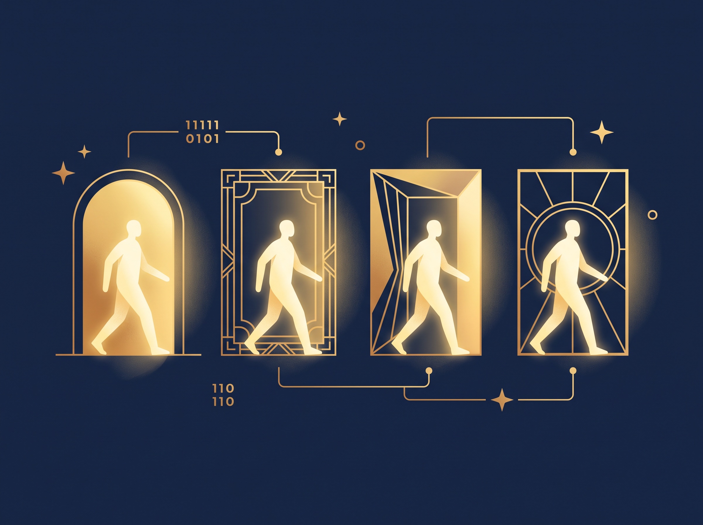 Four gold doorways in a row with a figure of light stepping through each on navy, symbolizing searching several patent databases in sequence
