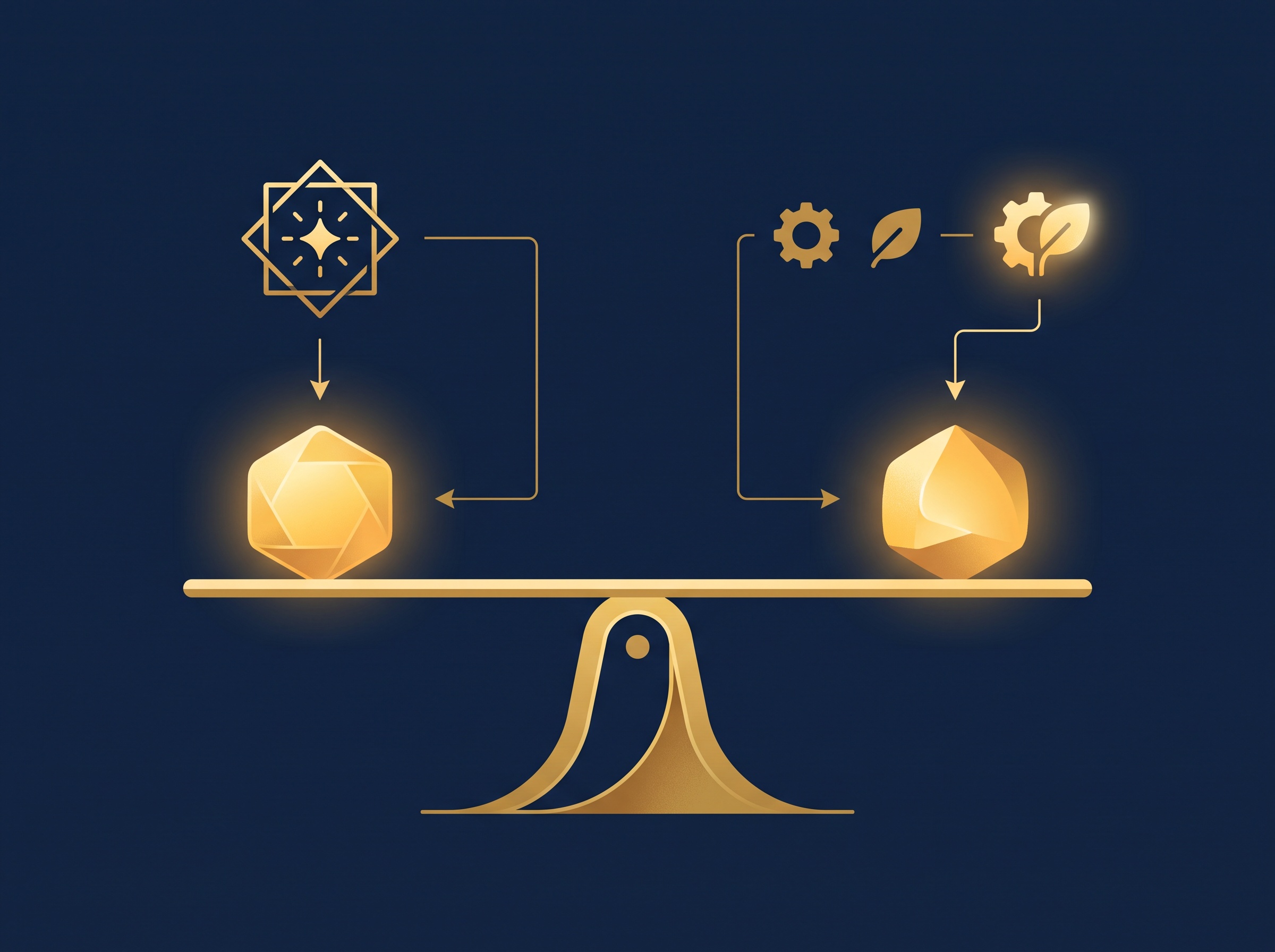 A gold comparison showing one exact match versus two simple icons combined into a new one on navy, symbolizing novelty versus obviousness