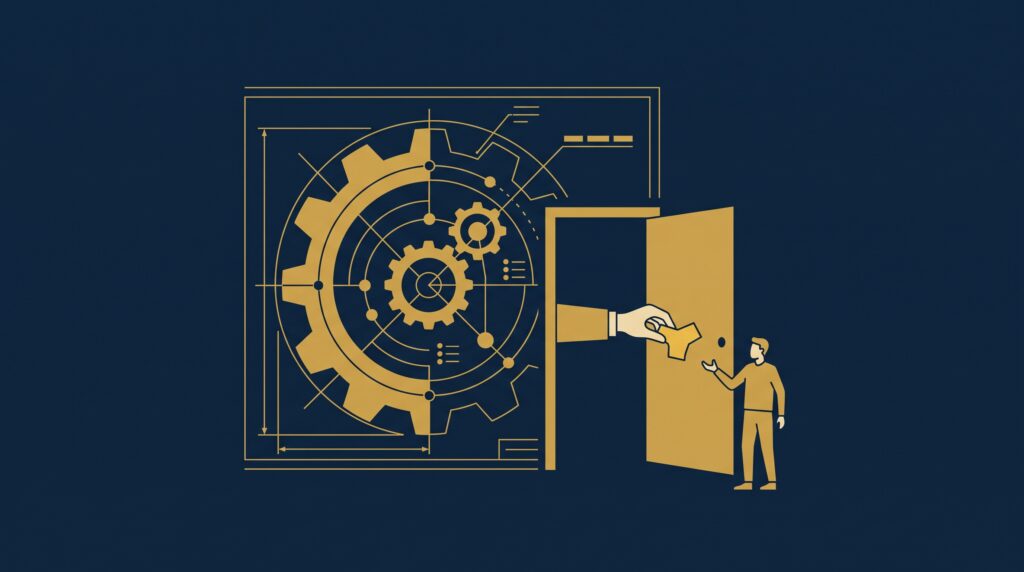A gold business-process mechanism with a contractor being handed only one piece, not the whole system