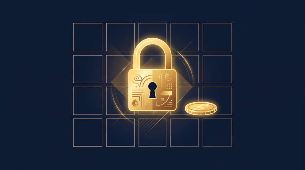 A gold padlock pressed onto a calendar grid beside a single coin, on navy, symbolizing locking in an early patent filing date on a budget
