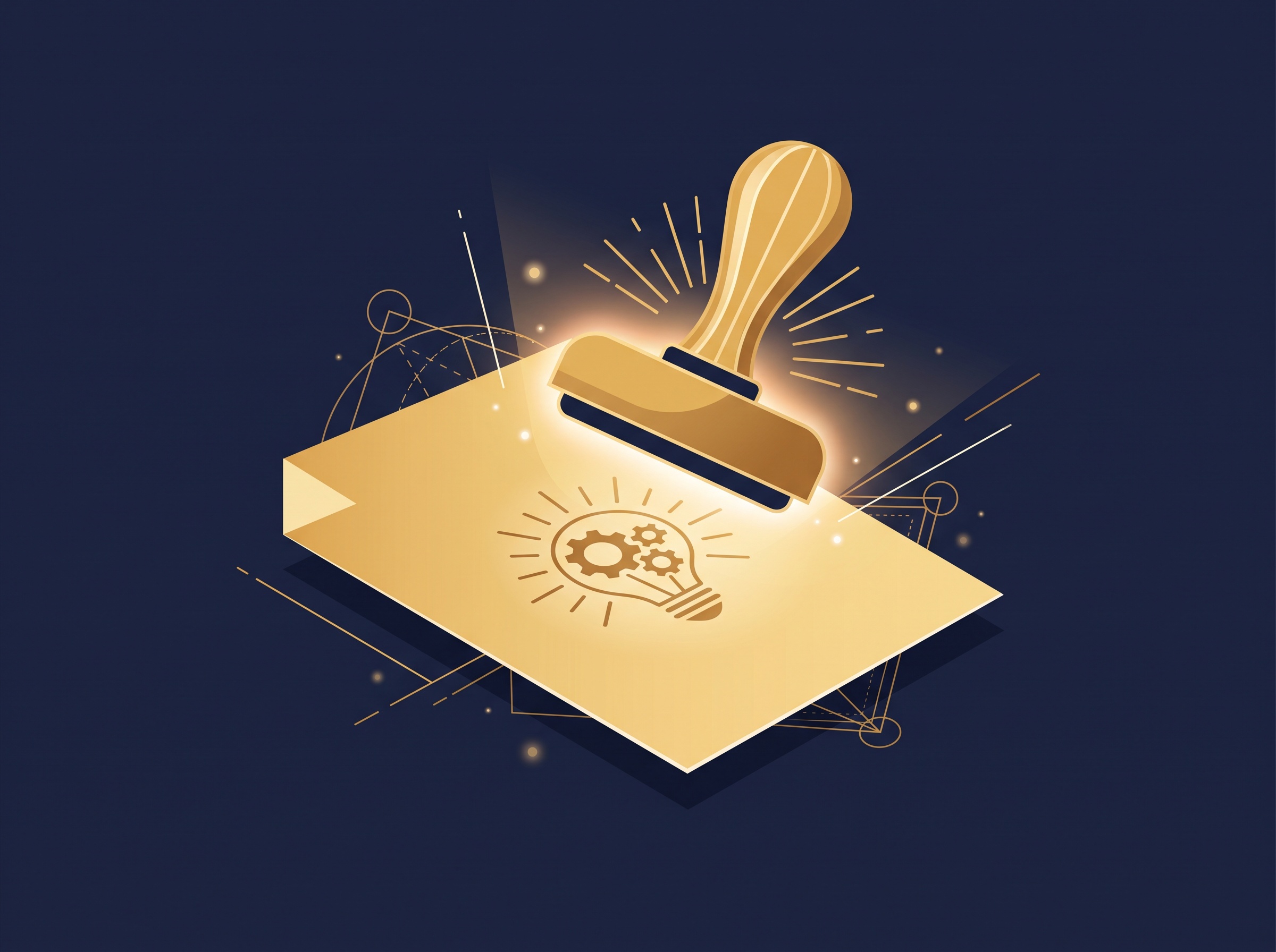 A gold rubber stamp hovering over a blank document, on navy, symbolizing applying a patent pending status
