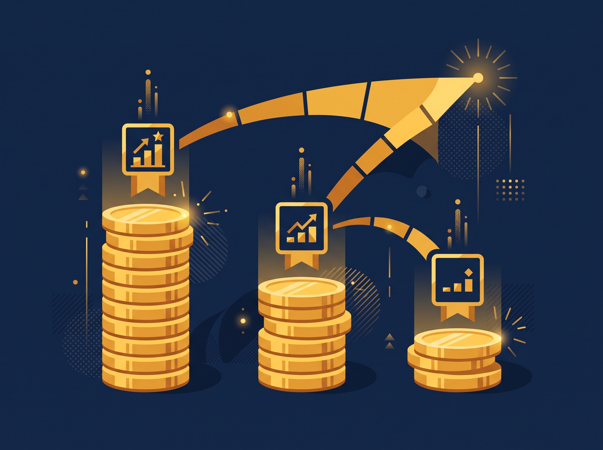 Three gold coin stacks of decreasing height under small badges, on navy, symbolizing large, small, and micro entity fee tiers