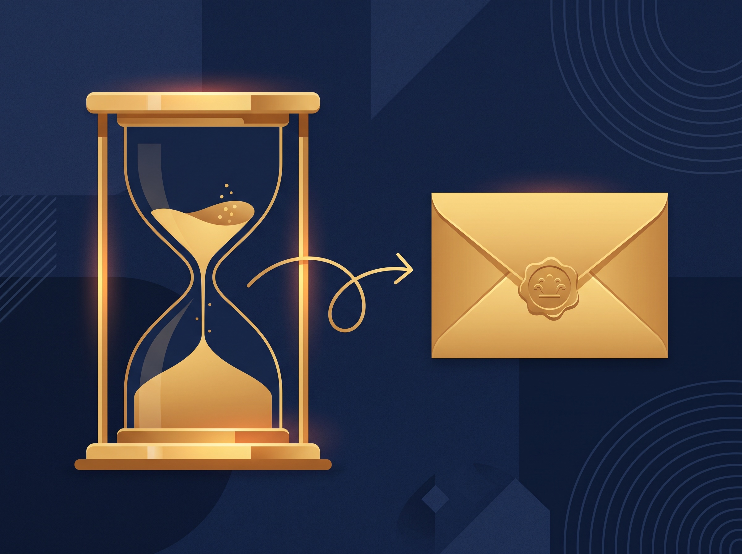 A gold hourglass with an arrow curving toward a sealed envelope, on navy, symbolizing the 12-month deadline to convert a provisional patent application