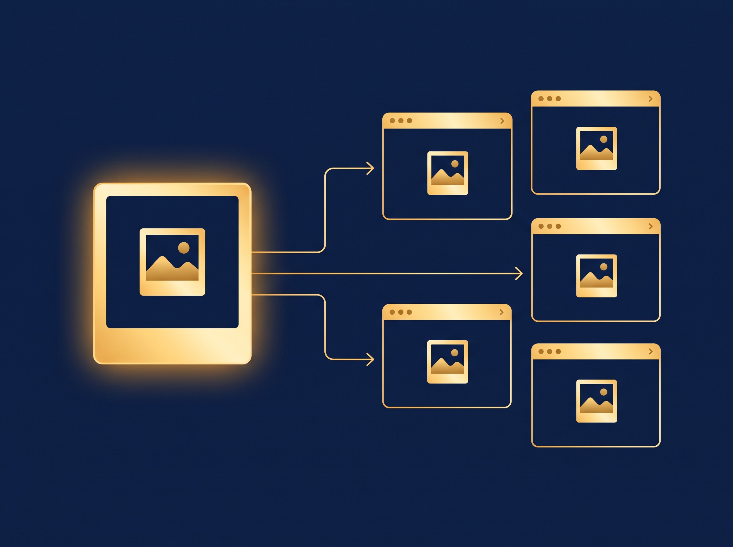 A gold original photo linked by lines to four small browser windows each showing the same image, on navy, symbolizing one image found reposted across several sites