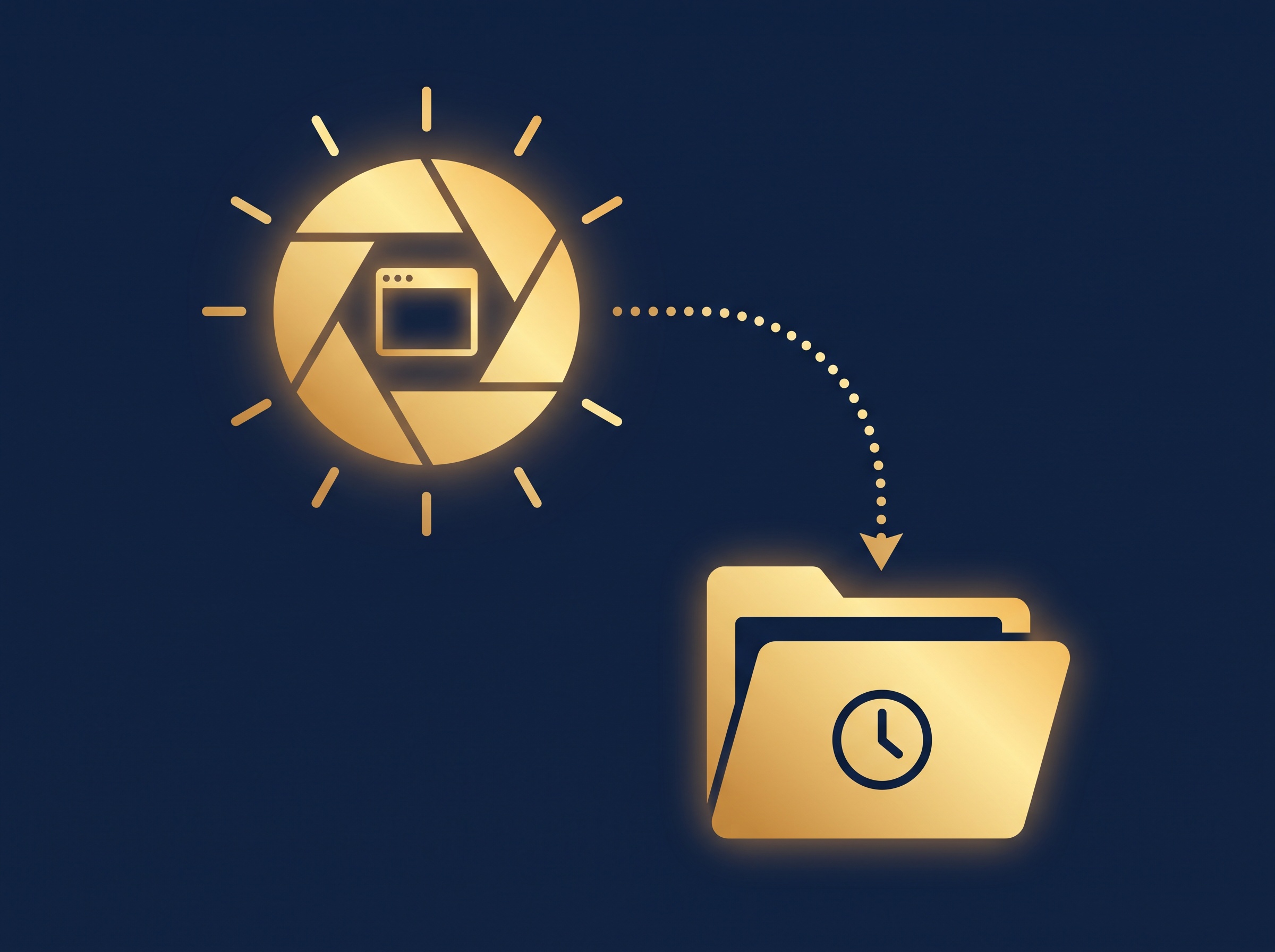 A gold shutter capturing a browser window, the snapshot dropping into a folder with a clock icon, on navy, symbolizing saving timestamped evidence of infringement