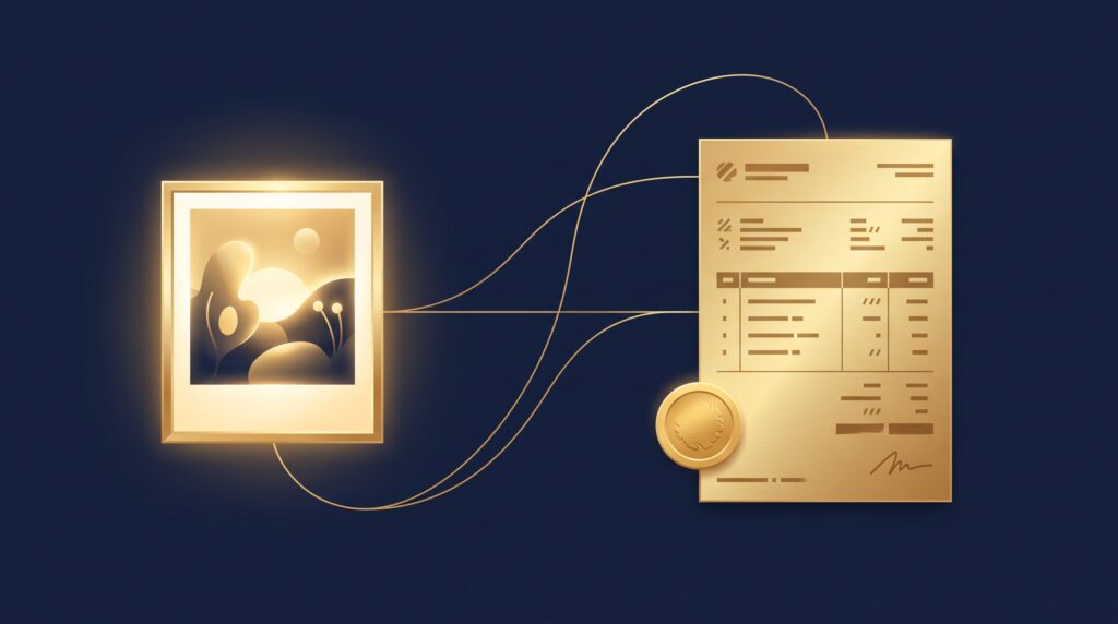 A gold photograph linked to a gold invoice document with a coin on it, on navy, symbolizing billing someone who copied your work