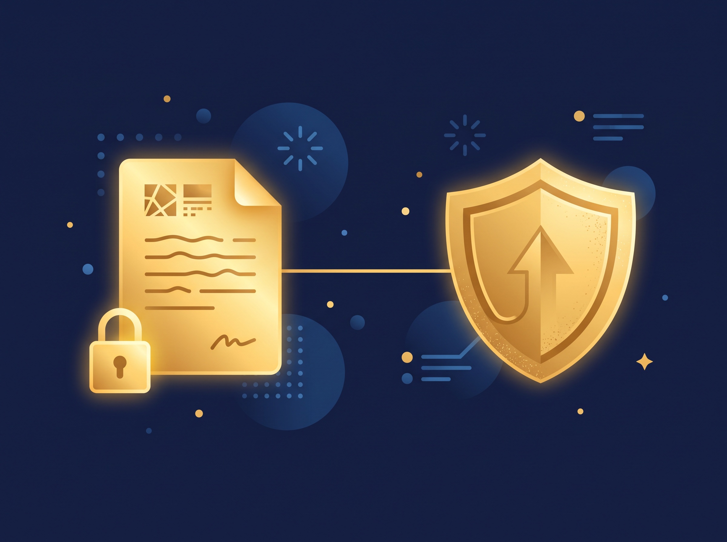 A gold document with a lock icon linked to a gold shield with an upward arrow, on navy, symbolizing registered copyright giving a claim legal strength
