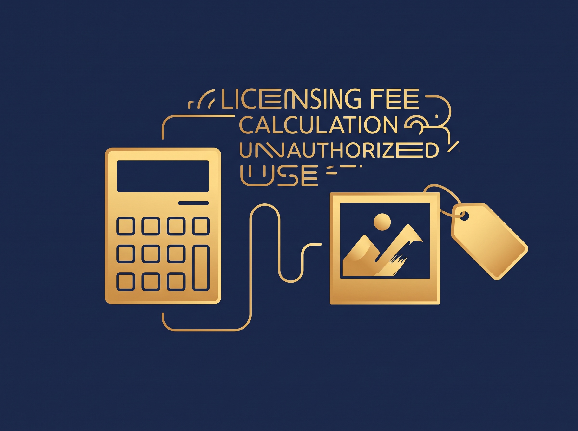 A gold calculator beside a gold photo wearing a price tag, on navy, symbolizing calculating a fair licensing fee for unauthorized use